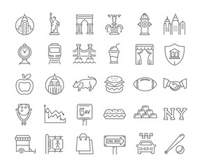 Set Vector Flat Line Icons New York