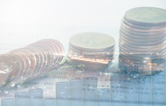Double exposure city and row of coins, finance and banking concept