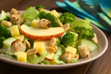 Fresh vegetarian salad with apple, lettuce, broccoli, cucumber, peanut, cheese and homemade croutons on plate, photographed with natural light (Selective Focus, Focus on the front of the apple slice)