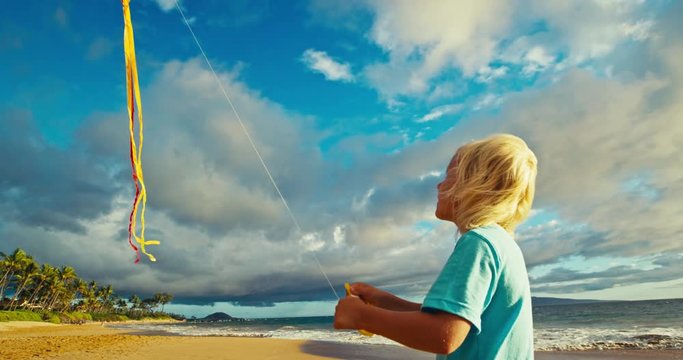 Young boy playing with kite on the beach