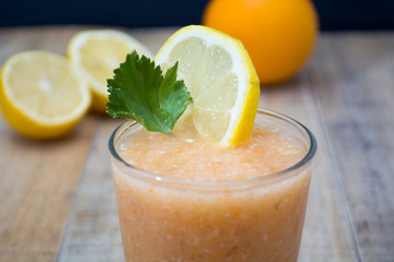 Fresh lemonade decorated with green leaves