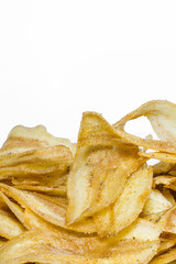 Fried banana slices isolated on white background.