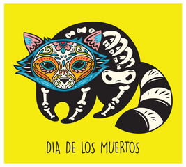 Dia De Los Muertos. Greeting card with sugar skull raccoon