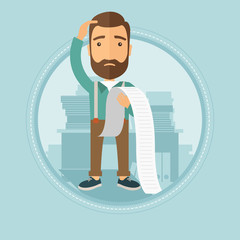 Businessman holding long bill vector illustration.