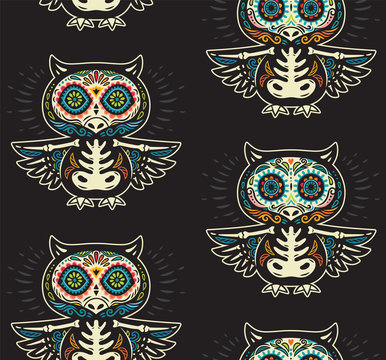 Sugar skull owls pattern. Mexican day of the dead background
