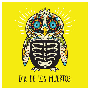 Dia De Los Muertos. Greeting card with sugar skull penguin