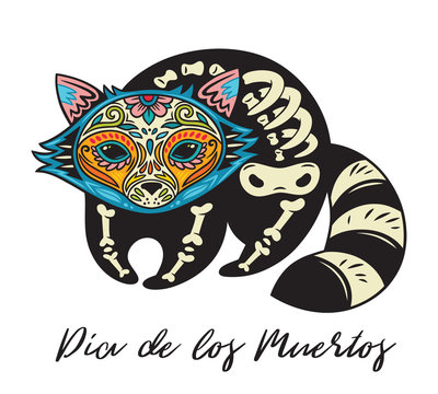 Dia De Los Muertos. Greeting card with sugar skull raccoon