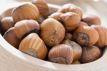 Hazelnuts  in wooden bowl