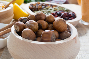 Hazelnuts  in wooden bowl
