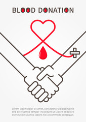 Blood Donation Handshake vector illustration with red heart and sample text. Blood Donation poster with handshake and red outline heart,and the red line connecting hands.
