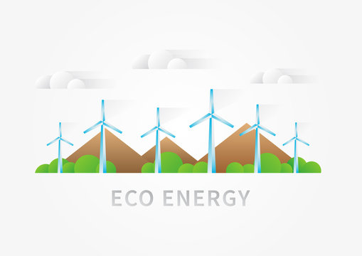 Air turbine landscape vector illustration. Wind turbine, windmill supply creative concept. Eco energy graphic design with renewable power (electricity) sources (wind turbine, air generator).
