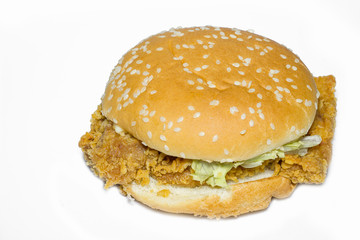 Hamburger with fried chicken on white background.