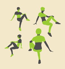 Sporty woman sits on a floor. Short hair girl silhouette collection