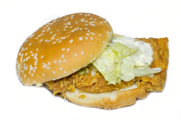 Hamburger with fried chicken on white background.