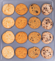 Variety of baked cookies on metal baking sheet ready to eat