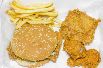 Fast food tasty chicken burger with fried potatoes.