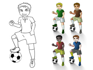 vector line art of soccer player with 4 full colored in costumes and skin tone