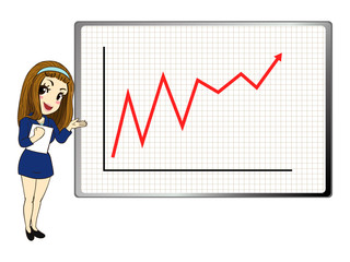 vector illustration of cute girl stand in front of a big board, which display growing up graph, business and stock concept