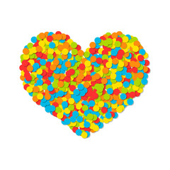 Heart of colored confetti isolated on white background.