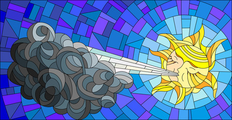 Naklejki  Stained glass illustration with fairy sun blowing a cloud against the  sky
