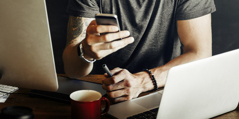 Man Working Coffee Shop Connecting Laptop Concept