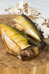 Wood smoked fish. Apple wood chips. Homemade mackerel.