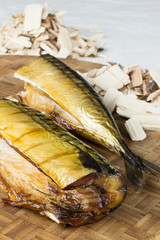 Homemade smoked mackerel. Wood smoked fish.