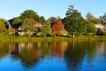 Fototapeta na wymiar A waterfront townhouses among colorful trees at dawn in Washington DC. Picturesque autumn foliage with reflections in the lake in North Virginia.