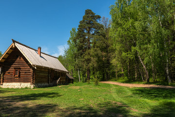 wooden house forest road