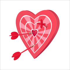 розовая мишень для дротиков в форме сердца, с несколькими дротиками, воткнутыми в нее. Один из дротиков попал в цель.