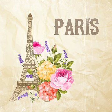 Souvenir card with eiffel tower. Eiffel tower with blooming spring flowers over old paper background. Vector illustration.