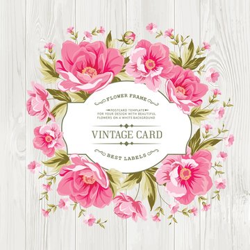 Vintage card design with flowers and petals over wooden texture. Border of flowers in vintage style. Wedding invitation card of color flowers. Vector illustration.