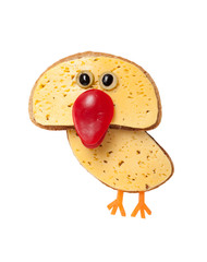Funny chicken made of bread and cheese on isolated background