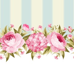 Border with blooming spring flowers in vintage style with vertical tile lines and clear text space. Border of rose flowers in vintage style. Floral invitation card. Vector illustration.