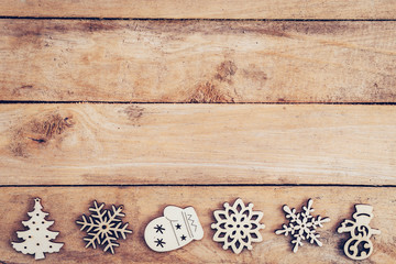 Christmas decoration with wood snowflake on table with copy spac
