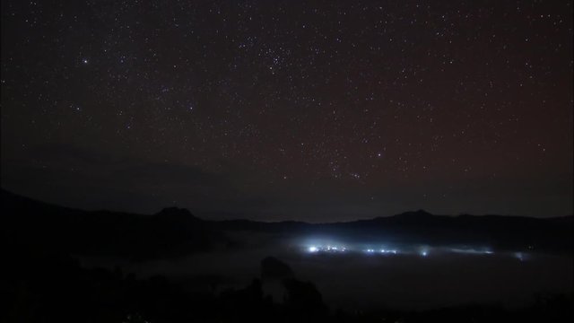 Stars trail and foggy movement in northern, Thailand.
