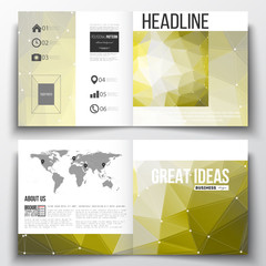 Annual report business templates for brochure, magazine, flyer. Molecular construction, connected lines and dots, scientific pattern on abstract colorful polygonal background, triangular texture