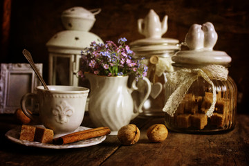 retro tea set on wooden background