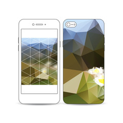 Mobile smartphone with an example of the screen and cover design isolated on white. Summer landscape. Colorful polygonal backdrop, blurred background, modern triangle vector texture