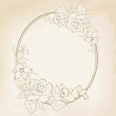 Oval floral frame with rose and narcissus flowers. Brown on beige vintage background.