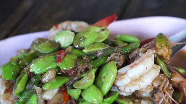 Southern Thai traditional food. Stink bean fired with shrimp Healthy herb cuisine