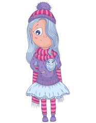 Cute anime girl in tutu and winter clothes with owl. Cartoon character. Vector illustration