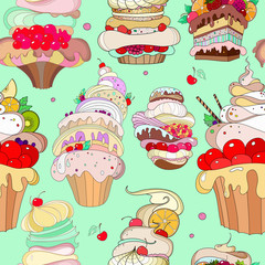 Vector pattern. Illustration of fantastic cakes in the bright mint background. hipster background