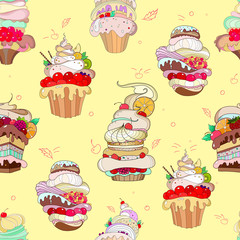 Vector pattern. Illustration of fantastic cakes in the tender yellow background. hipster background
