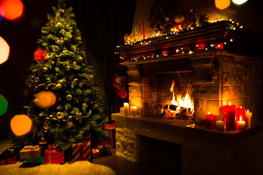 Atmospheric christmas card with tree, presents and fireplace
