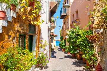 Beautiful street in Chania, Crete island, Greece. - obrazy, fototapety, plakaty