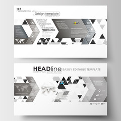 Business templates in HD size for presentation slides. Easy editable flat layouts. Abstract triangle design background, modern gray color polygonal vector.