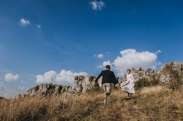 Portrait couples, tenderness love nature, mountains
