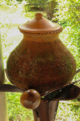 Water Clay pots and coconut shell ladle/Thai pottery for garden decoration