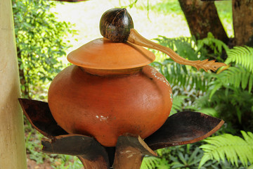 Water Clay pots and coconut shell ladle/Thai pottery for garden decoration